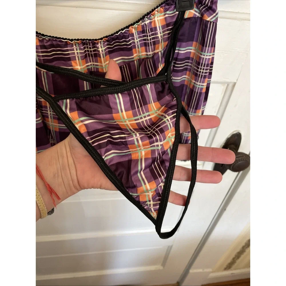 Four Piece Women's Bedroom Outfit Shorts, Low Top - Purple Plaid Black Lace NWOT